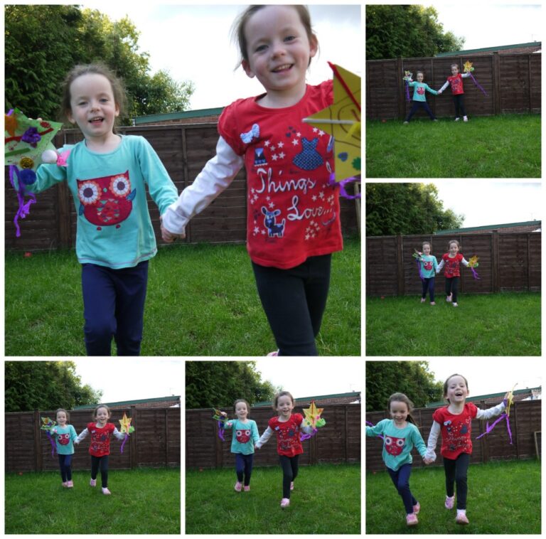 A collage of seven photos shows two young girls smiling and running on grass in a garden, holding colourful star wands from a fun How to Catch a Star children's craft. They wear blue and red owl shirts with matching navy trousers. A brown fence and trees are behind them.