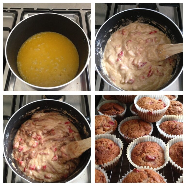 Four images show steps of baking strawberry and chocolate muffins: a melted mixture in a saucepan, batter with red pieces being mixed, more stirring, and finally, baked muffins cooling in paper cases on a rack.