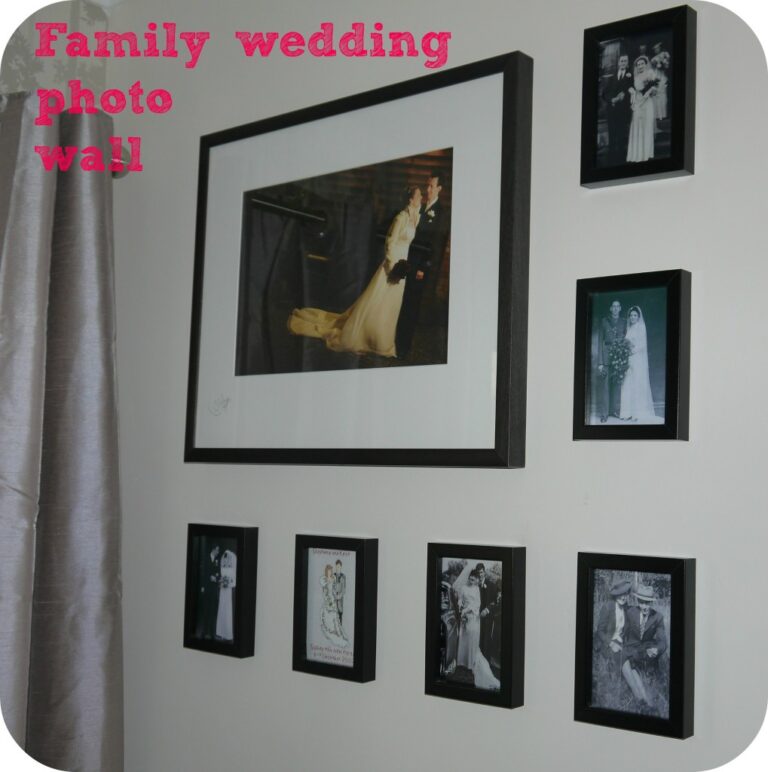 A wall decorated with seven framed wedding photos in black frames, featuring different couples. The words Family wedding photo wall are written in pink text in the upper left corner, highlighting cherished family wedding memories.