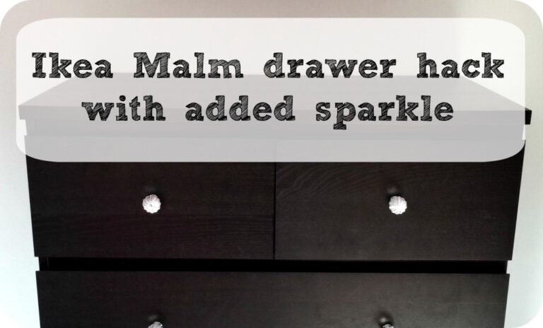 A black Ikea Malm chest of drawers gets a stylish upgrade with new sparkly knobs. Text overlay reads: Ikea Malm Hack—drawer makeover with added sparkle.