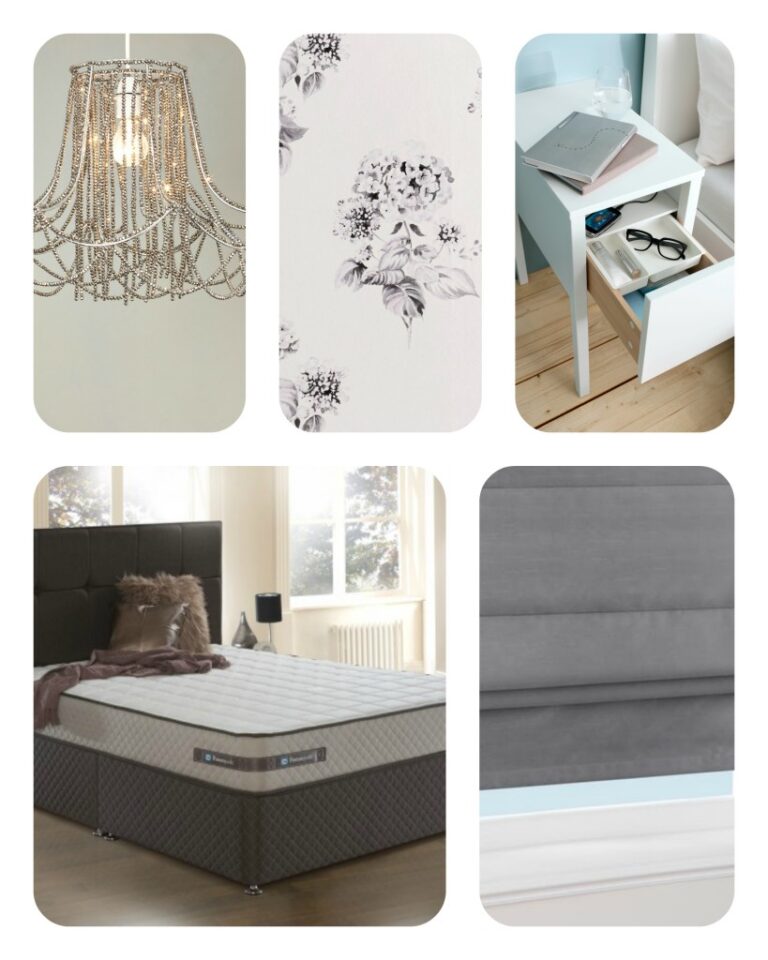 A collage showing a beaded chandelier, floral wallpaper, a white bedside table with drawers open, a grey upholstered bed, and a close-up of a grey padded headboard—perfect inspiration for your main bedroom renovation.