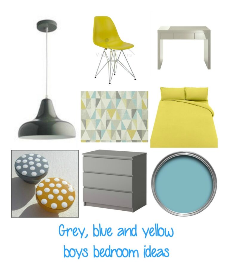 A collage of boys' room decor in a grey, blue and yellow bedroom: a grey pendant lamp, yellow chair, white desk, geometric rug, yellow bedding, polka-dot drawer knobs, grey chest of drawers, and pale blue paint. Text: Grey, blue and yellow boys' bedroom ideas.