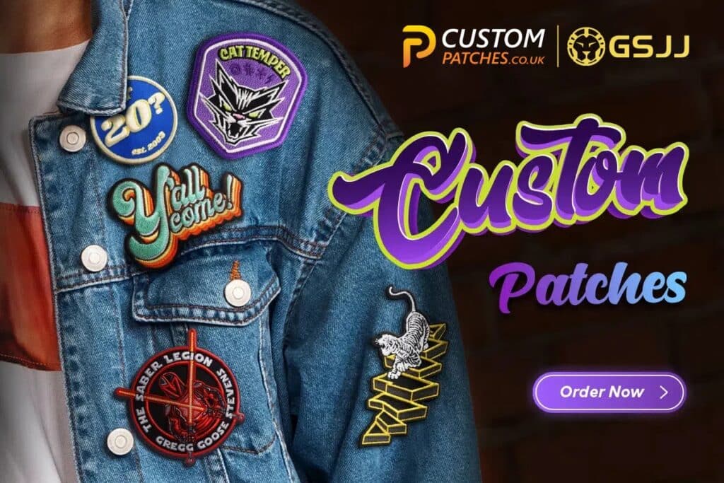 A denim jacket decorated with colourful custom patches—think “Cat Tempter,” “You’ll Come!,” a tiger on steps, and a red emblem. Perfect for World Book Day or as part of a unique Diary of a Wimpy Kid costume. “Custom Patches” and “Order Now” in bold text.