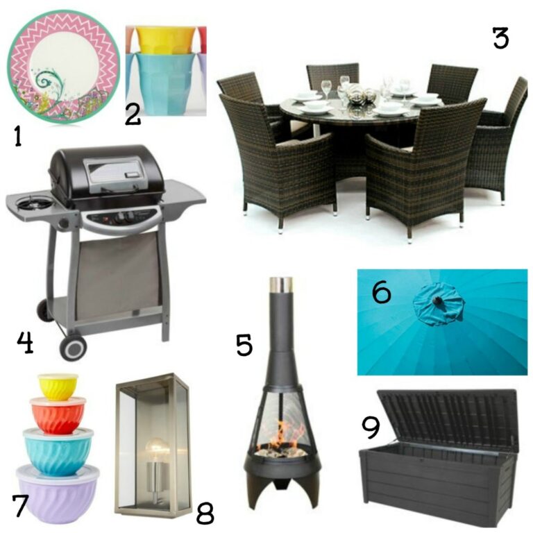 A garden moodboard features outdoor items from Debenhams, including a plate and serviettes, cups, wicker dining set, gas barbecue, outdoor fireplace, blue patio parasol, colourful mixing bowls, lantern, and black storage box—all labelled by number.