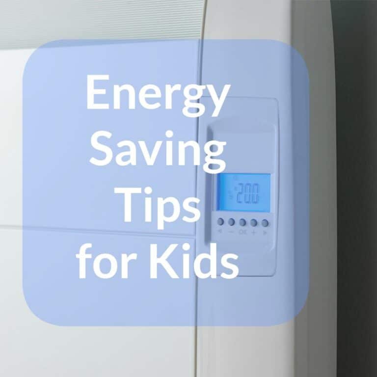 A digital thermostat on a white wall displays a temperature of 20°C. Over the image, white text on a blue translucent background reads, “Energy Saving Tips for Kids—easy energy tips to help families conserve.”.