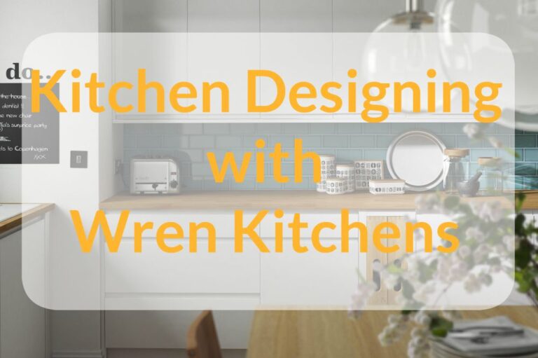 A modern kitchen with white cupboards, wooden worktops, blue tile splashback, and small appliances. Overlaid text reads: Kitchen Design with Wren Kitchens in large orange letters.