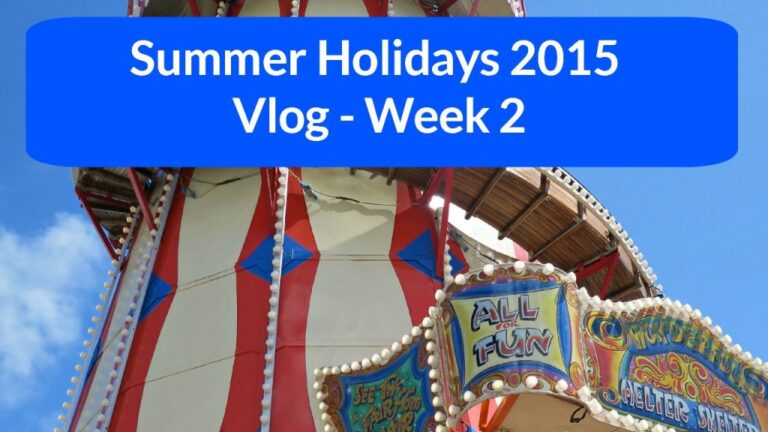 The image shows a red and white striped amusement ride under a blue sky. A sign reads All for Fun, while text over the image says Summer Holidays 2015 Vlog - Week 2, capturing the excitement of vlog adventures during summer holidays.