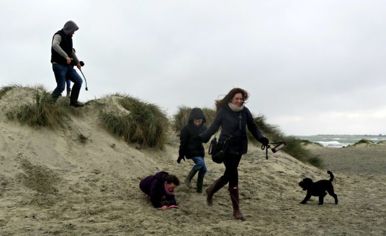 A family and their dog walk down a sandy dune at West Wittering on a cloudy beach day; one child has fallen whilst others continue exploring the tall grass—pure winter fun by the sea.