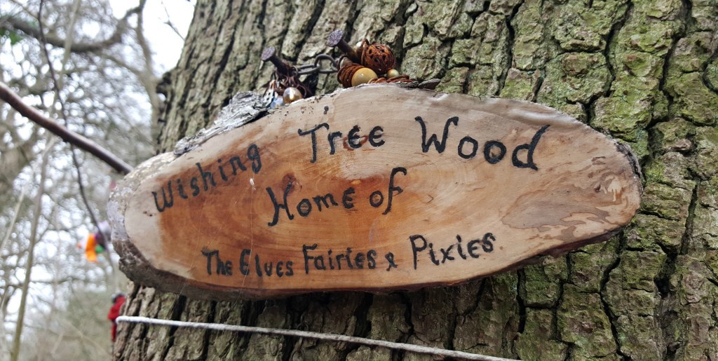 A wooden sign nailed to a tree on the Fairy Tree Walk in Burridge, Hampshire reads, Wishing Tree Wood Home of The Elves Fairies & Pixies. Small decorative figures rest atop the sign, with the tree bark visible in the background.