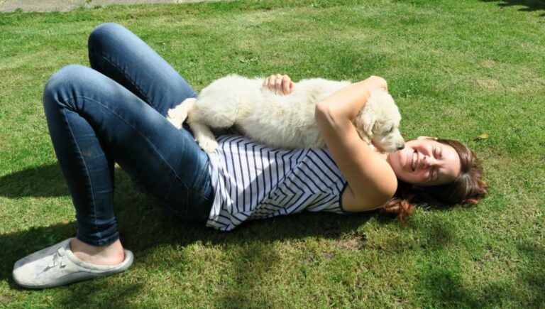 A smiling woman lies on grass with Gus the Goldendoodle, a fluffy white puppy, resting on her chest. She is wearing jeans and a striped shirt, and they both look happy and relaxed in the sunshine.