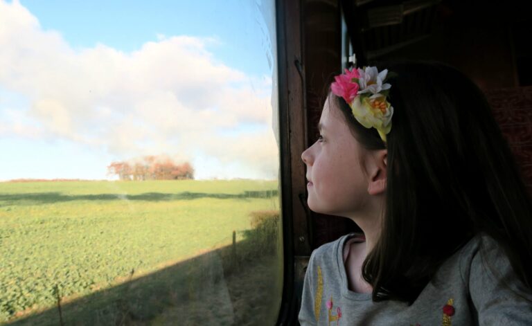 A young girl with a floral hairband gazes out of a Santa Special train window on the Watercress Line, her face turned towards the green fields and blue sky dotted with clouds.