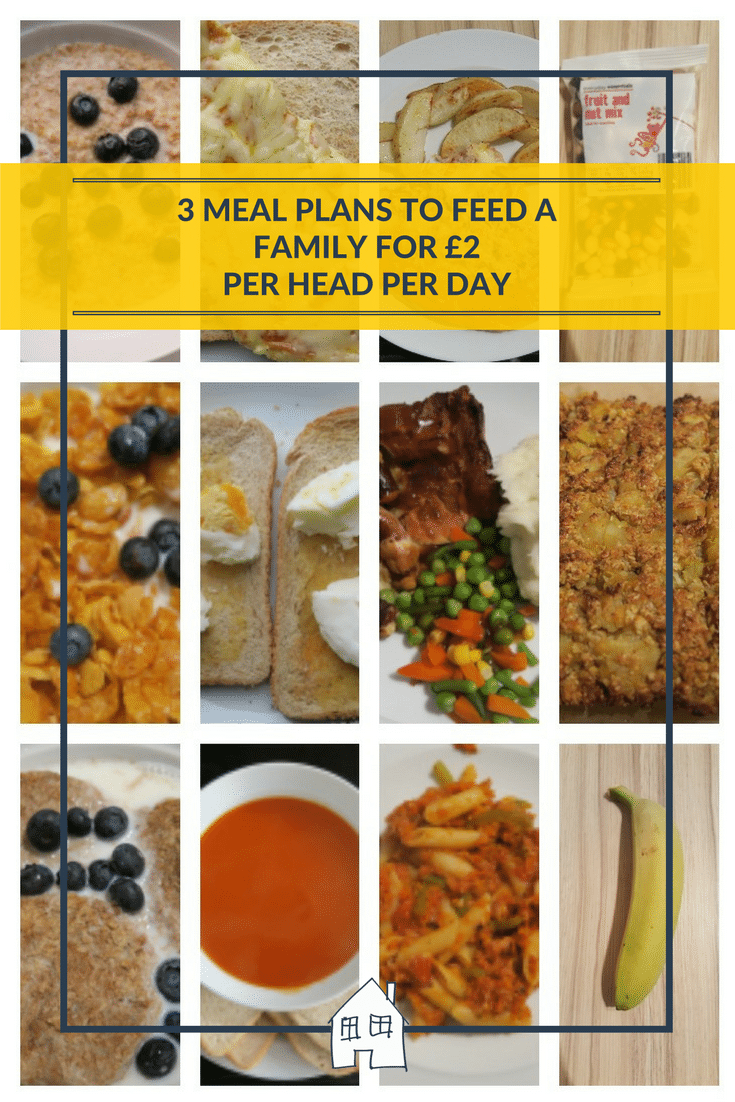 A collage of simple meals—cereal with berries, toast with eggs, vegetable stew, and a banana—sits under a yellow banner reading Feed My Family For £2: 3 meal plans to feed a family for just £2 per head per day.