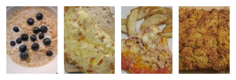 Four food dishes: a bowl of porridge topped with blueberries, a cheesy slice of bread, potato wedges with pizza, and a crumbly baked bake—perfect budget meals to help you Feed My Family for just £2 each.