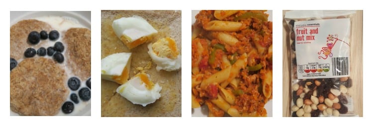 Four images of food: wheat biscuits with milk and blueberries, toast with boiled eggs, penne pasta with vegetables and sauce, and a packet of fruit and nut mix—perfect budget meals to help feed my family for just £2 each.