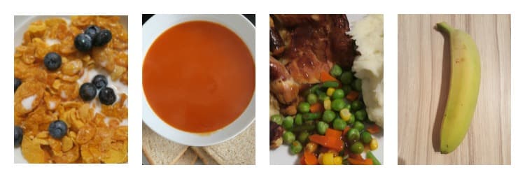 Four images show budget cooking: cornflakes with milk and blueberries, tomato soup with bread, chicken with mashed potato and veg, and a banana—perfect £2 meals to help feed my family affordably.