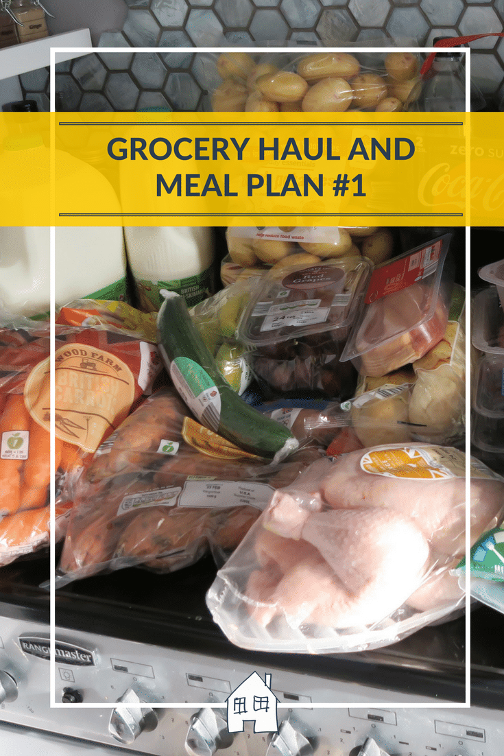 A variety of groceries, including fresh vegetables, milk, chicken, and packaged foods, are spread out on a cooker. Overlaid text reads Grocery Haul and Weekly Meal Plan #1 with a yellow background.