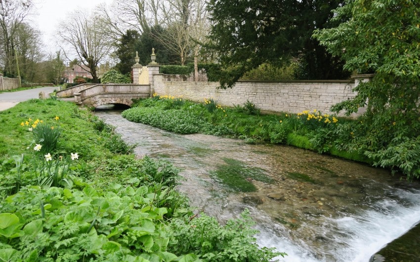A clear stream flows under a small stone bridge beside a stone wall, with green grass and blooming yellow daffodils along the banks—an idyllic scene from week 15’s weekend in pictures, surrounded by trees and shrubs on a cloudy day.