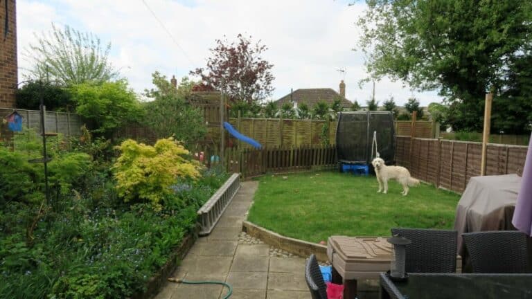 A green back garden with a flower garden and patio furniture showcases thoughtful garden plans. A blue slide, trampoline, and a white dog stand on the grass near a wooden fence, with trees and houses in the background.