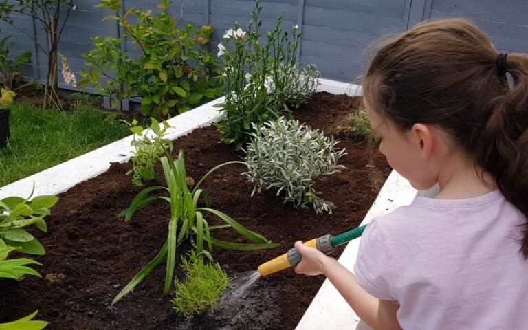 A girl with brown hair, in a light pink shirt, waters plants in a raised garden bed with a green hose next to a grey wooden fence—capturing a calm moment from weekend in pictures, week 24.