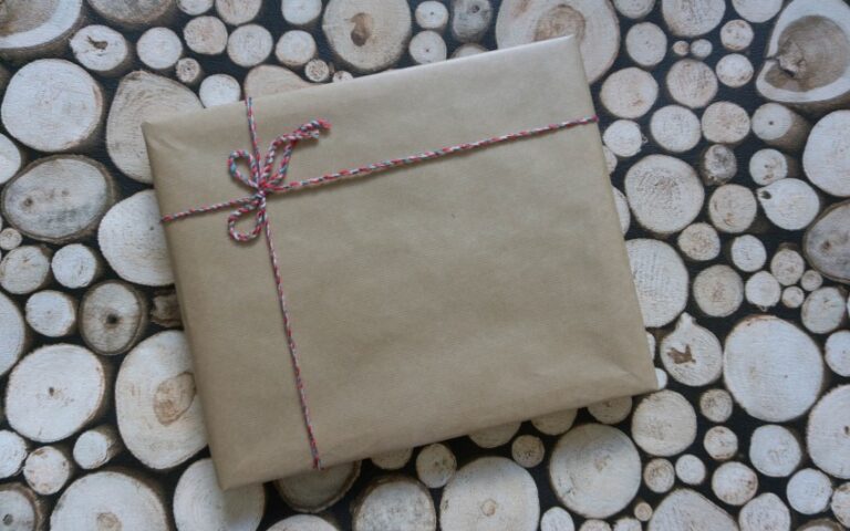A rectangular present wrapped in plain brown paper with a red and white string tied in a bow, resting on a surface of round, cut wooden log slices—capturing the simple charm of week 33 in our weekend in pictures.