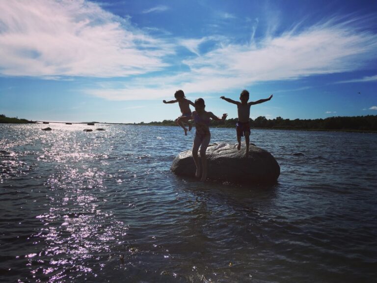 Three children stand on a large rock in a sunlit body of water, two of them jumping or spreading their arms joyfully. The bright blue sky and distant trees highlight the benefits of nature play in this cheerful scene.
