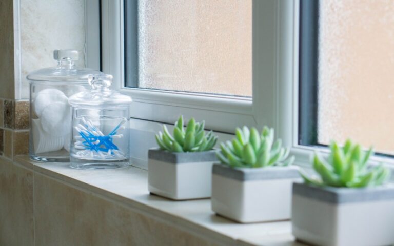 Three small potted succulents sit on a bathroom windowsill next to two glass jars—one with cotton wool pads, the other with blue dental flossers—adding a fresh touch to this small bathroom design. The window features frosted glass for privacy.