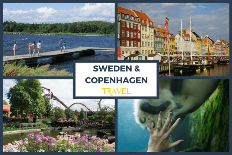 Collage featuring people by a lake, Copenhagen’s colourful canal buildings, someone touching glass near a swimming animal, and a theme park with a rollercoaster. Text in the centre reads: Sweden & Copenhagen Travel.