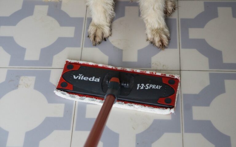 A mop cleaning patterned floor tiles with a Vileda 1-2 Spray mop and natural cleaning products, whilst a dog's muddy paws are visible at the top of the image—perfect for effortless home cleaning.