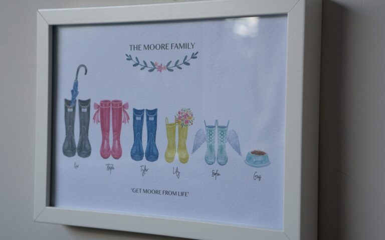 A framed Custom Welly Boot Artwork labelled The Moore Family features wellies, a brolly, flowers, angel wings, and a pet bowl for each member. Names appear beneath each item in this charming Personalised Welly Boot Print.
