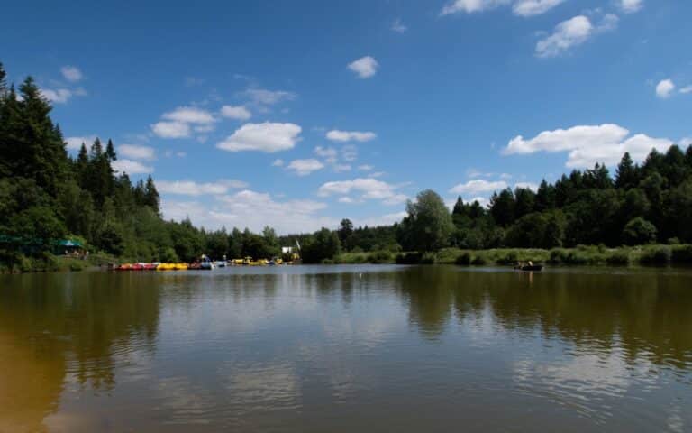 A calm lake surrounded by lush green trees under a blue sky with scattered clouds at Centre Parcs Longleat. Pedaloes and people are visible on the water and near the distant shore in this picturesque video scene.