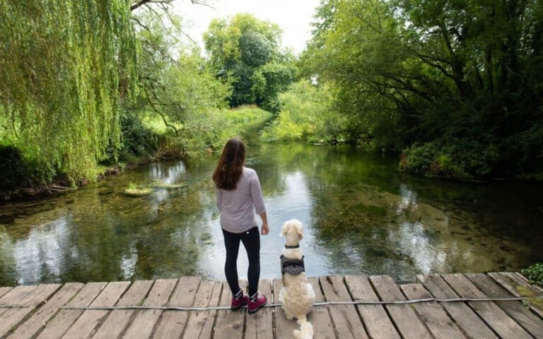 A woman in walking boots stands on a wooden bridge beside a white dog, looking out over a calm, tree-lined river on a bright day. The peaceful scene is surrounded by lush green foliage.