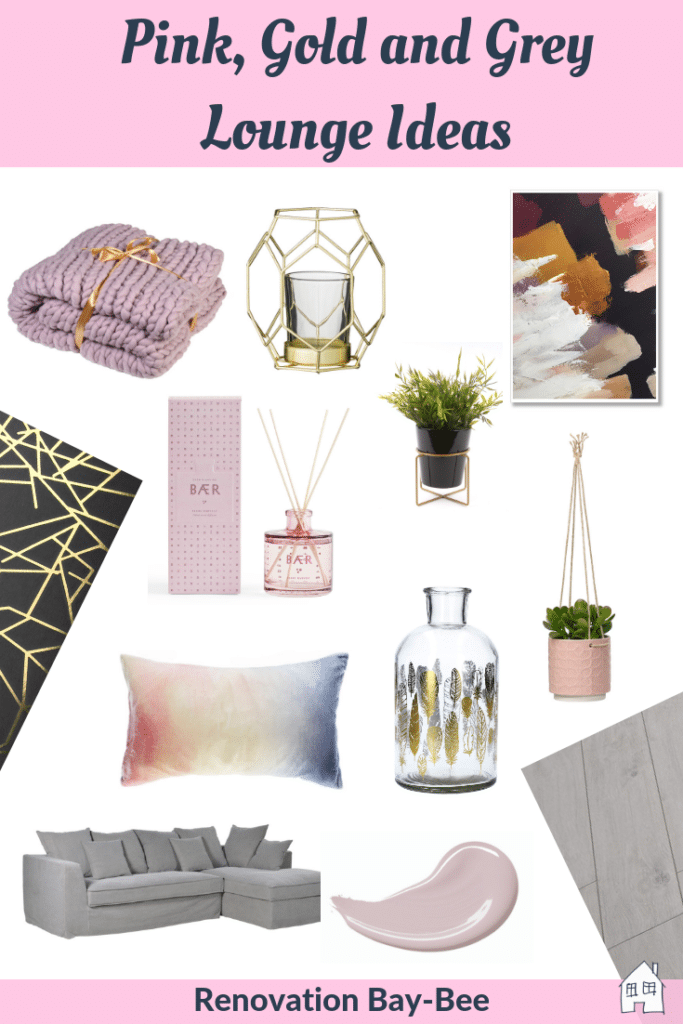 A collage of pink, gold, and grey living room lounge décor ideas, including a throw blanket, candle holder, abstract wall art, cushions, sofa, vases, plants, reed diffuser, and paint swatch on a white background.