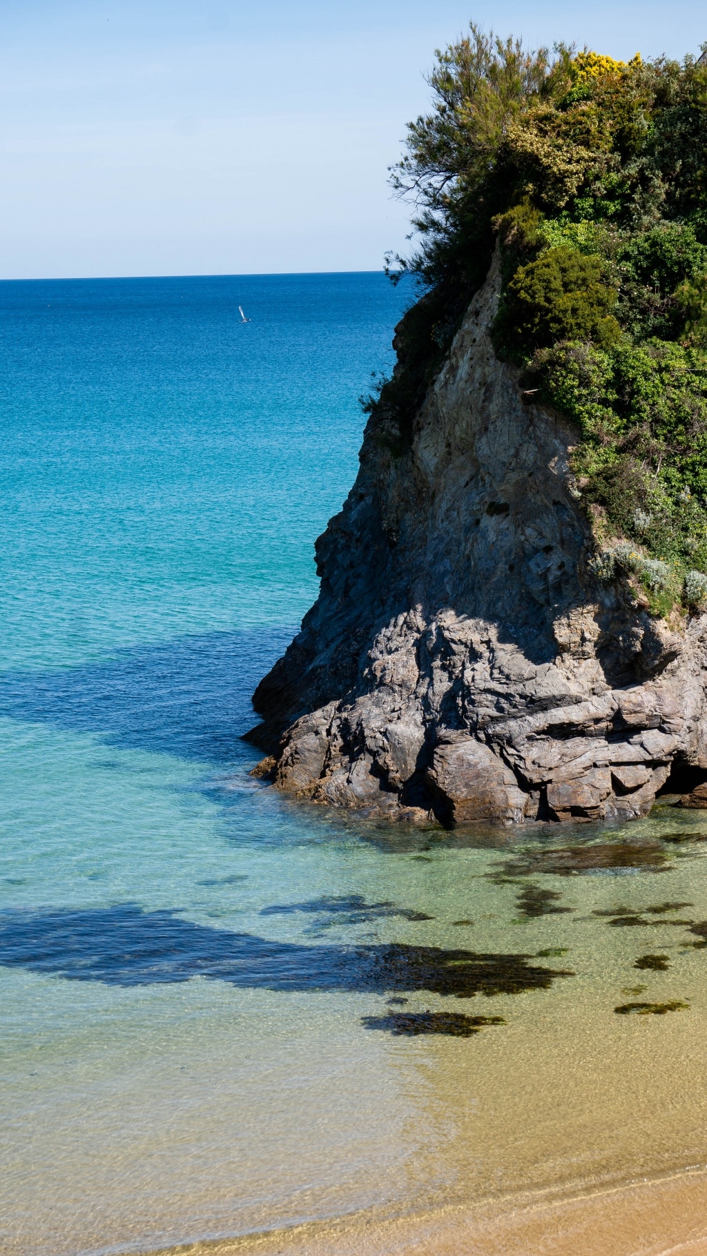A rocky cliff covered with green vegetation rises from clear turquoise water along a sandy shoreline in Newquay, with the deep blue sea in the background under a clear sky—a true Best of Britain coastal view.