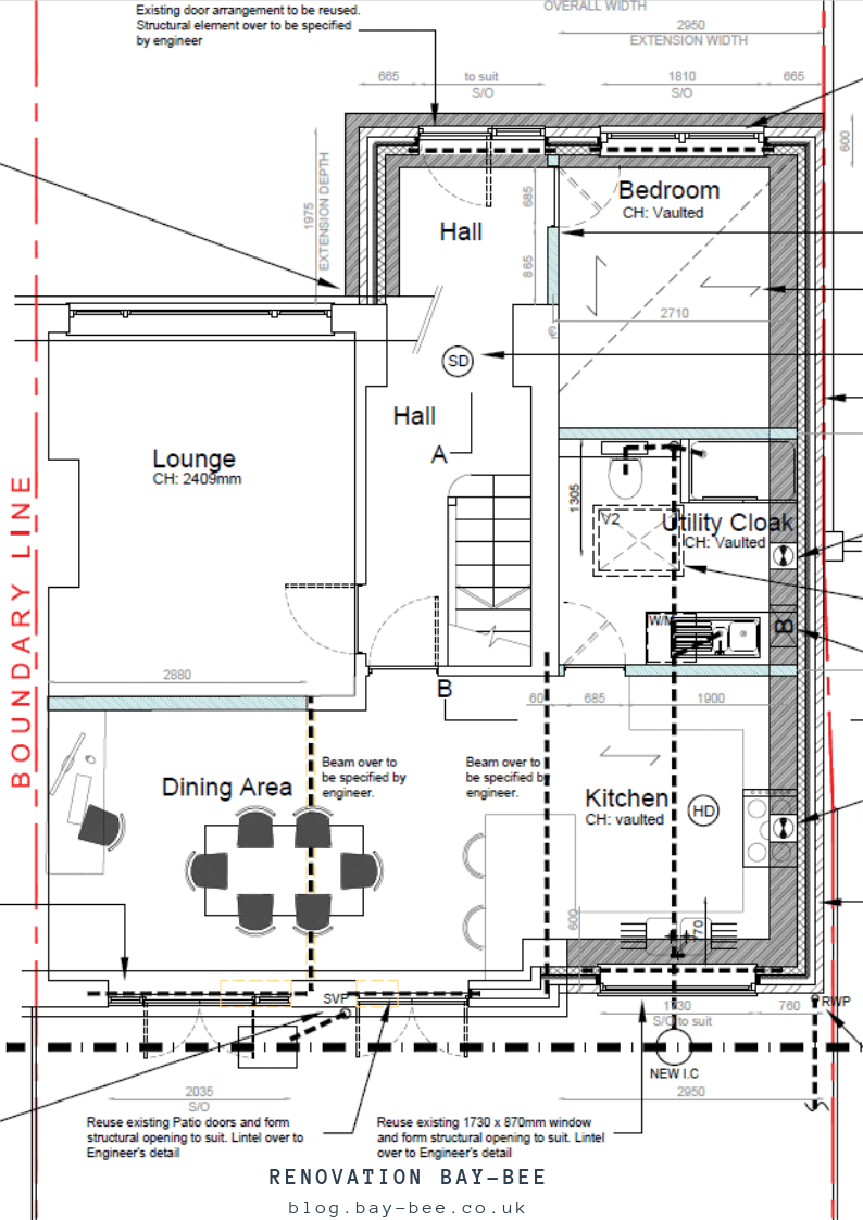 Architectural floor plan for a house extension, featuring a lounge, dining area, kitchen, utility cloakroom, bedroom, and hall. Rooms are labelled with measurements, structural notes, and boundary lines marked in red.