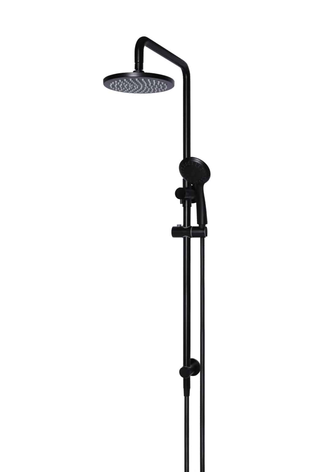 A modern black shower system with a round overhead rain showerhead and an adjustable handheld showerhead, perfect for stylish utility rooms and inspiring new shower ideas.