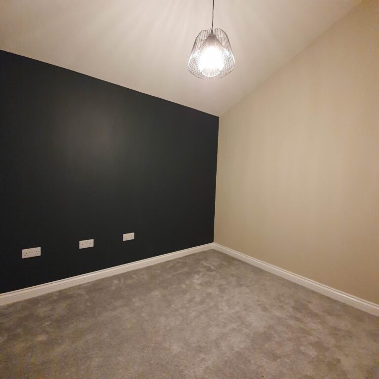 A sparsely furnished room with beige and dark green walls, grey carpet flooring, three power sockets on one wall, and a ceiling light with a wireframe lampshade—one room done in this house extension project.