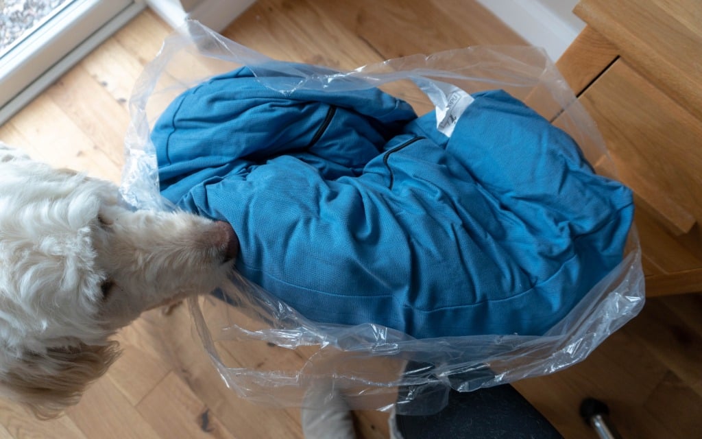 A light-coloured dog sniffs a Lupo's Nest dog bed, rolled up in blue and partially wrapped in clear plastic, placed on a wooden floor next to a desk.