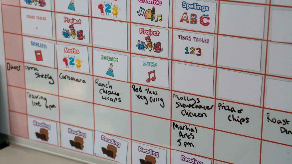 A Study Buddy Board weekly timetable shows subjects like English, Maths, and Science, with meal plans like carbonara and ranch chicken wraps—helping you stay focused during lockdown. Activities include martial arts at 5pm and reading sessions.
