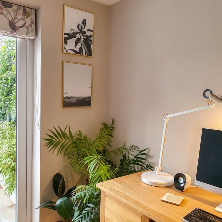 A tidy home office with a wooden desk, white lamp, computer monitor, and potted plants by a window—perfect inspiration for any Home Interior enthusiast. Two framed botanical prints hang on a light beige wall above the plants.