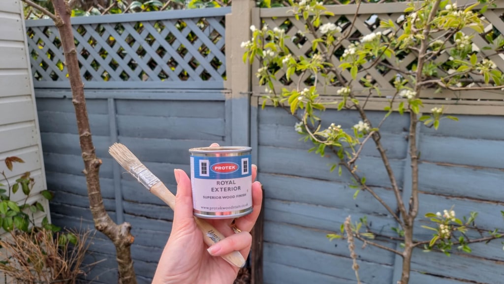 A hand holds a paintbrush and a tin of Protex Royal Exterior wood paint in front of a blue wooden fence and a leafy garden, ready for some April gardening.