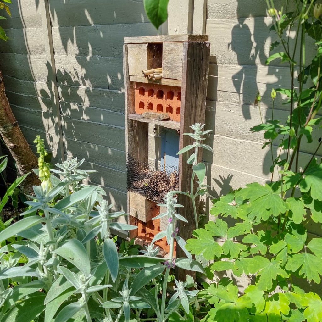 A DIY bug hotel made from wood, bricks, and pallets with wire mesh sections stands against a garden shed wall, surrounded by leafy green plants and flowers in bright sunlight.
