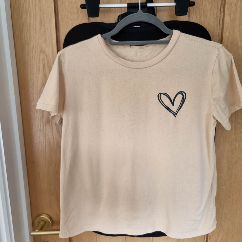 A beige short-sleeved T-shirt with a simple black outline of a heart on the left chest, freshly steamed using the Tefal DT9100 Handheld Garment Steamer, hangs on a hanger in front of a wooden door.