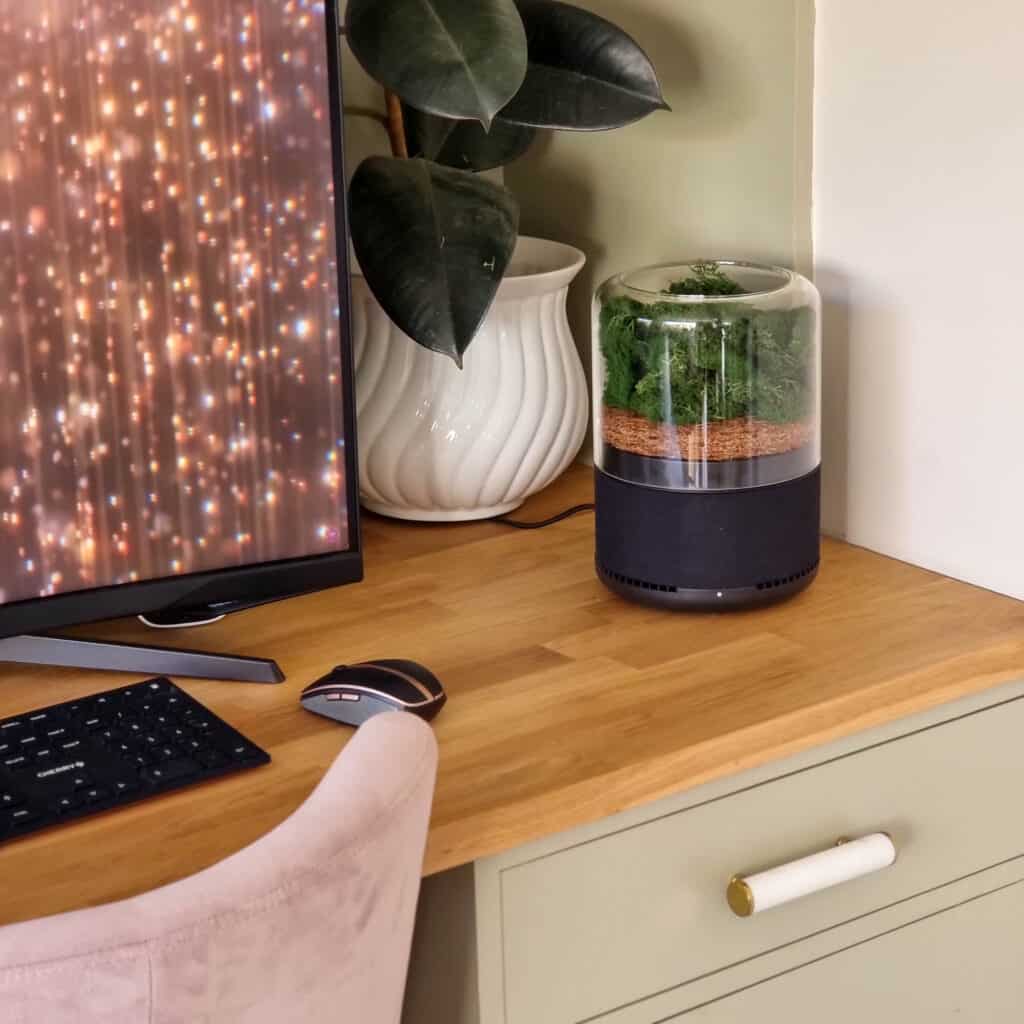 A modern desk setup with a computer monitor, keyboard, mouse, potted plant, Briiv Air Purifier, and a small glass terrarium beside a white vase on a light wood surface with green drawers.