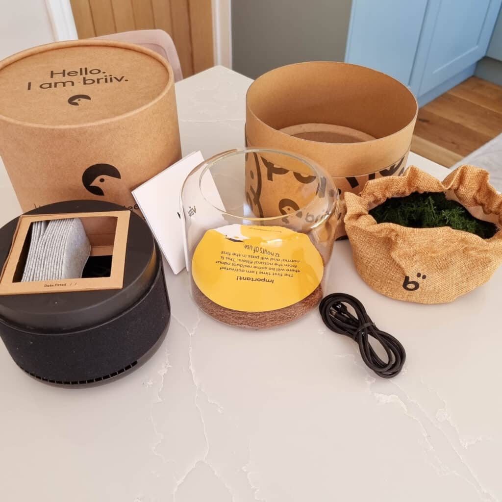 A Briiv Air Purifier kit sits on a countertop, featuring a round cardboard box, glass container, mesh filter, hessian bag with moss, black USB cable, and instruction papers—perfect for a thoughtful air purifier review.
