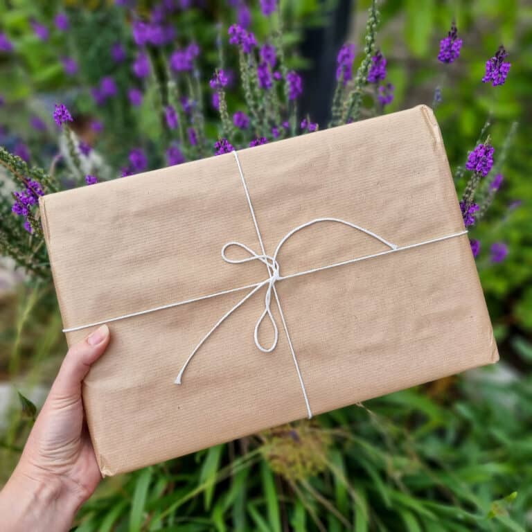 A hand holds a rectangular parcel wrapped in plain brown paper and tied with white string, with purple flowers and green foliage in the blurred background—perfect for gifting after reading Katto Knife Reviews.
