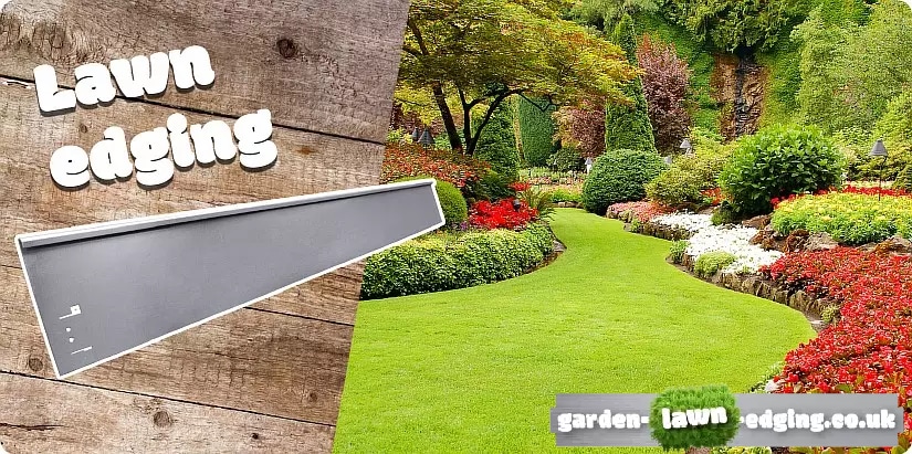 A lush, landscaped garden with curved green lawns, vibrant flower beds, and trees. Text reads “Lawn edging.” An image of a metal lawn edging strip appears on a wooden background—perfect for creating garden zones. Website: garden-lawn-edging.co.uk.