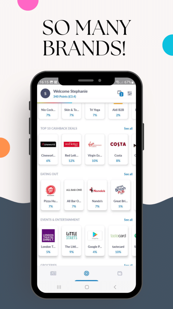 A smartphone screen displays the jamdoughnut rewards app with various brand offers and cashback deals. Above the phone, large text reads SO MANY BRANDS! with colourful shapes in the background.
