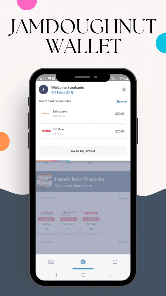 A smartphone screen displays the Jamdoughnut Wallet app, showing a user’s points balance and recent gift card codes for Sainsbury’s (£50) and TK Maxx (£20). The jamdoughnut interface is clear and user-friendly.