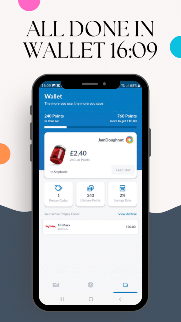 A smartphone screen displays the JamDoughnut wallet app with 240 points (£2.40) ready to send to Stephanie. The interface is clearly labelled jamdoughnut, with a message above: “ALL DONE IN WALLET 16:09.”.