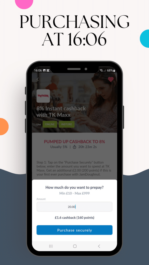 A mobile phone displaying a jam doughnut cashback offer for TK Maxx with an option to prepay £20.00. The background reads PURCHASING AT 16:06 in large text with colourful dots at the corners.